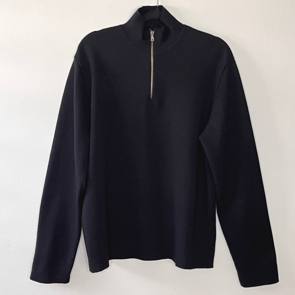 Metropolitan View Men's L Black Merino Wool 1/4 Zip Sweater Made Italy‎ Classic